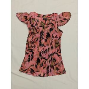 Sere Nade Womens Pink Blouse Lg Accordion Pleat Button Up Floral Flutter Sleeve